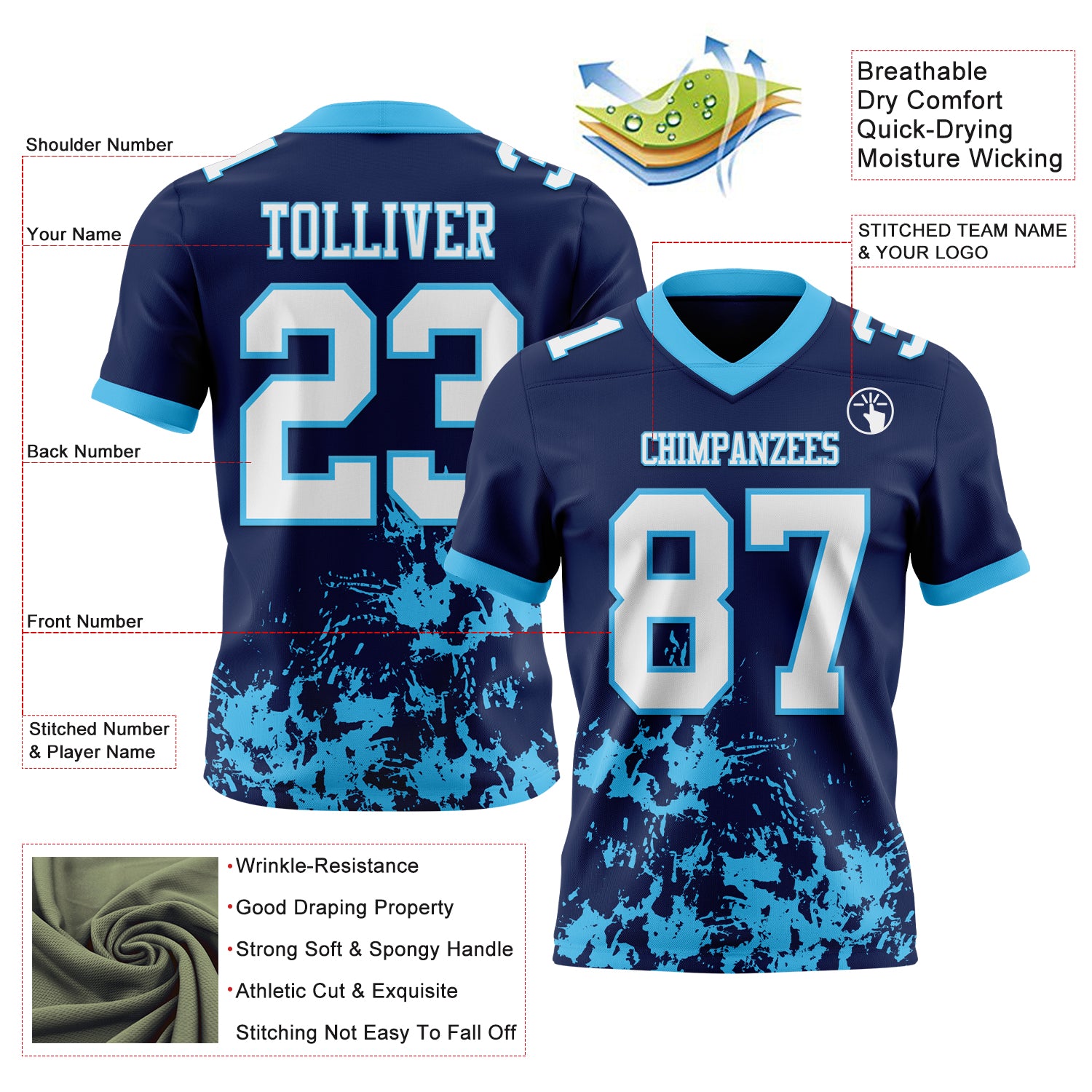 Custom Navy White-Sky Blue 3D Pattern Splash Authentic Football Jersey