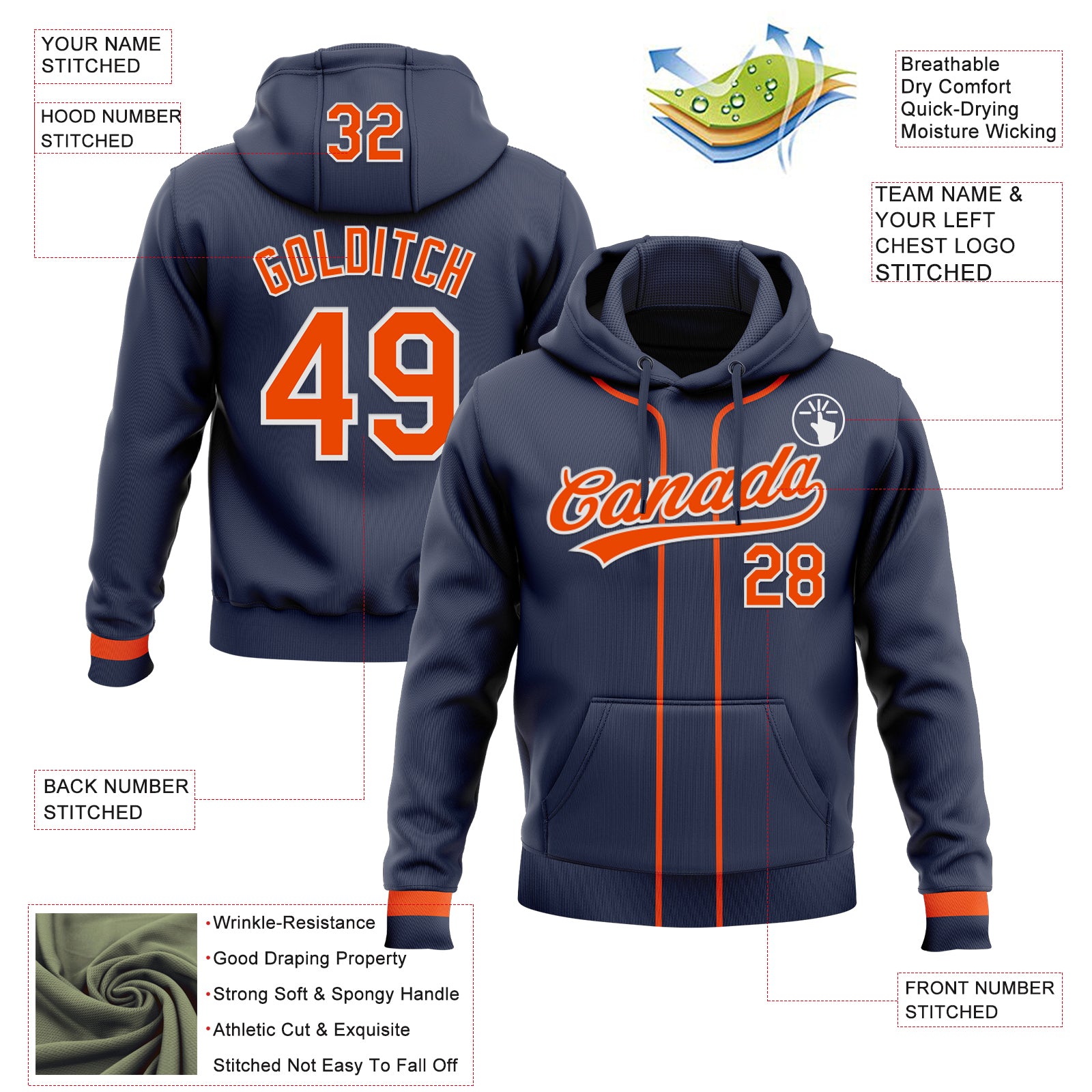 Custom Stitched Navy Orange-White Baseball Pullover Sweatshirt Hoodie