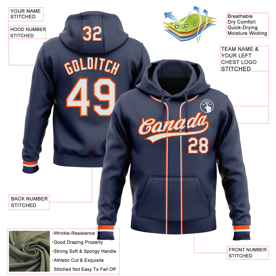 Custom Stitched Navy White-Orange Baseball Pullover Sweatshirt Hoodie