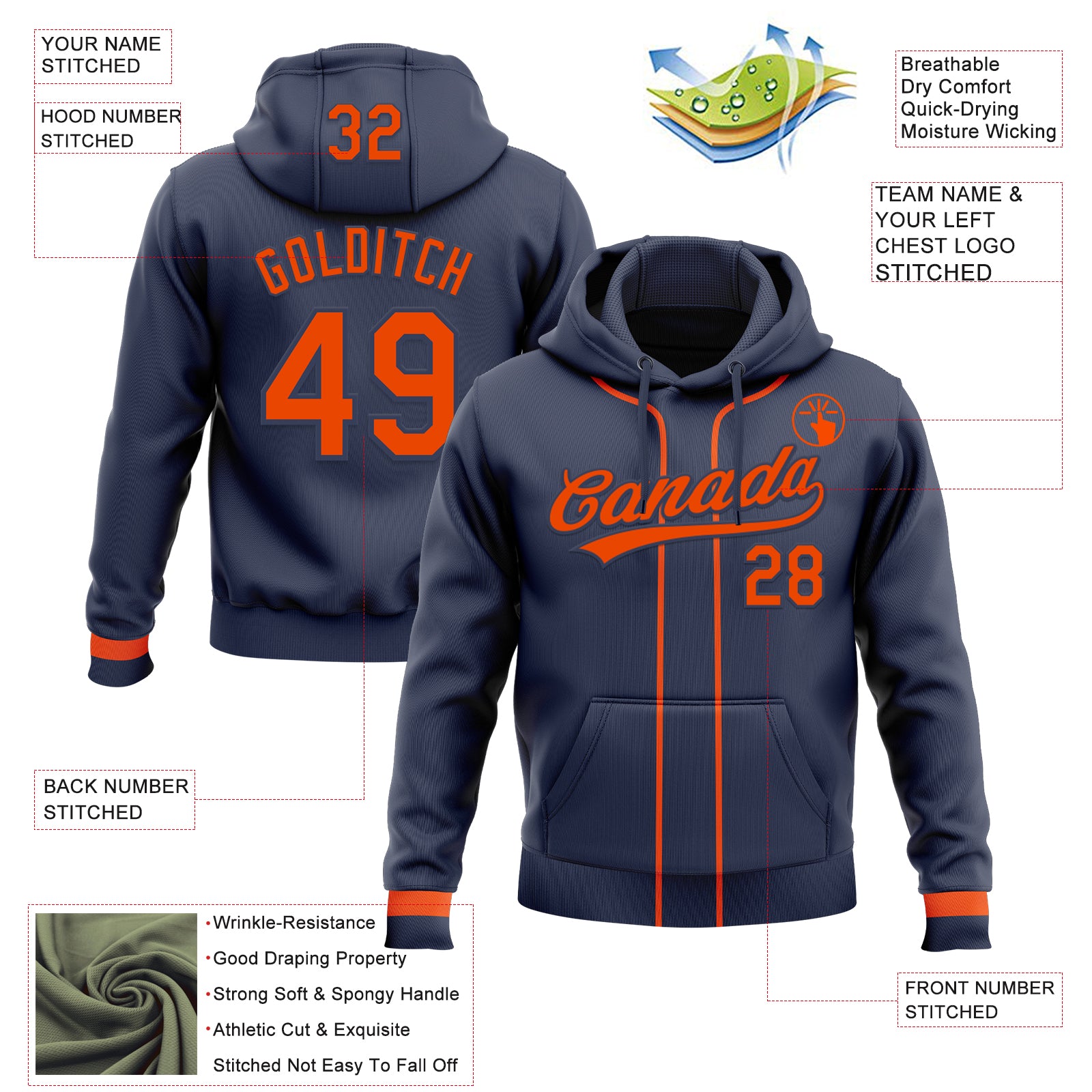 Custom Stitched Navy Orange Baseball Pullover Sweatshirt Hoodie