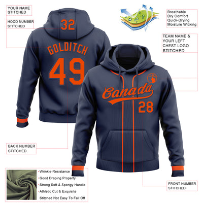 Custom Stitched Navy Orange Baseball Pullover Sweatshirt Hoodie