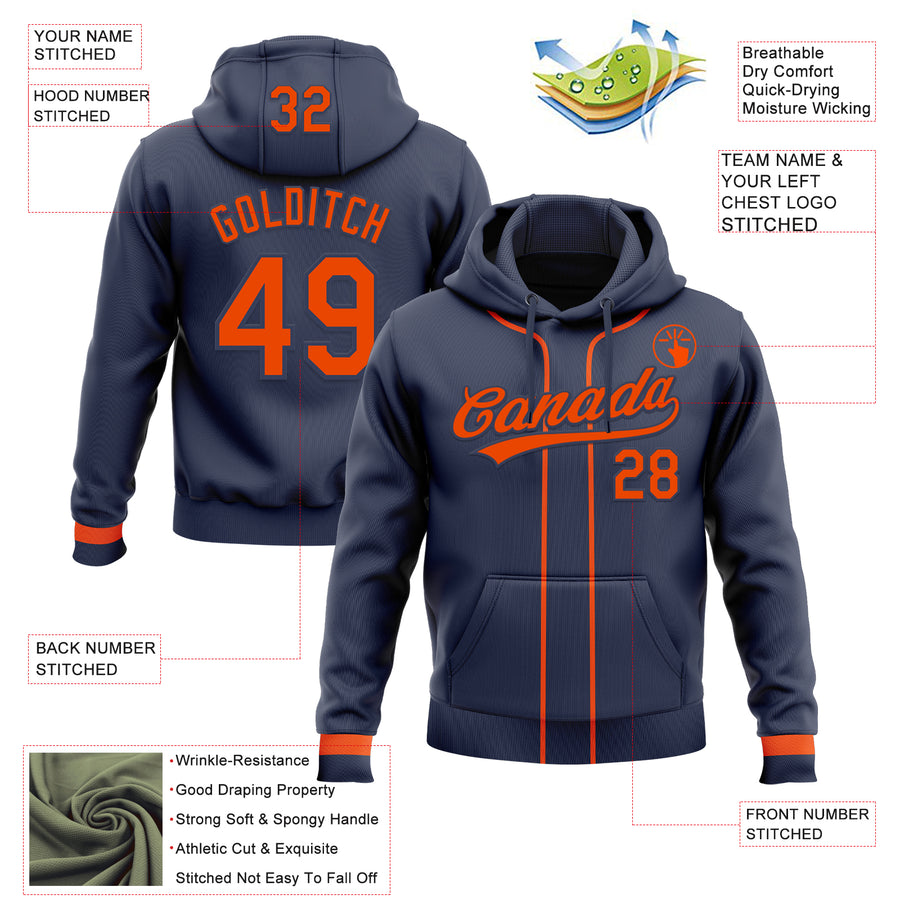 Custom Stitched Navy Orange Baseball Pullover Sweatshirt Hoodie