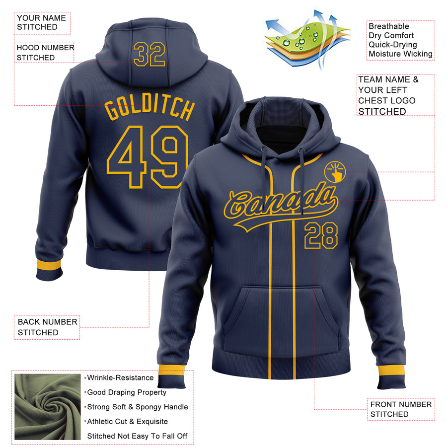 Custom Stitched Navy Gold Baseball Pullover Sweatshirt Hoodie