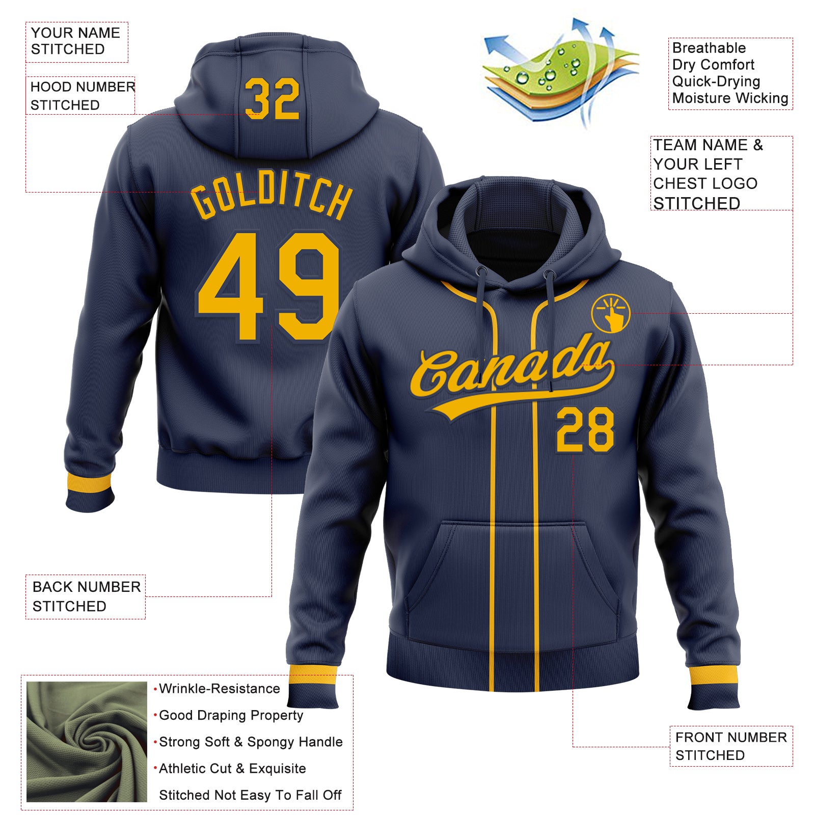 Custom Stitched Navy Gold Baseball Pullover Sweatshirt Hoodie