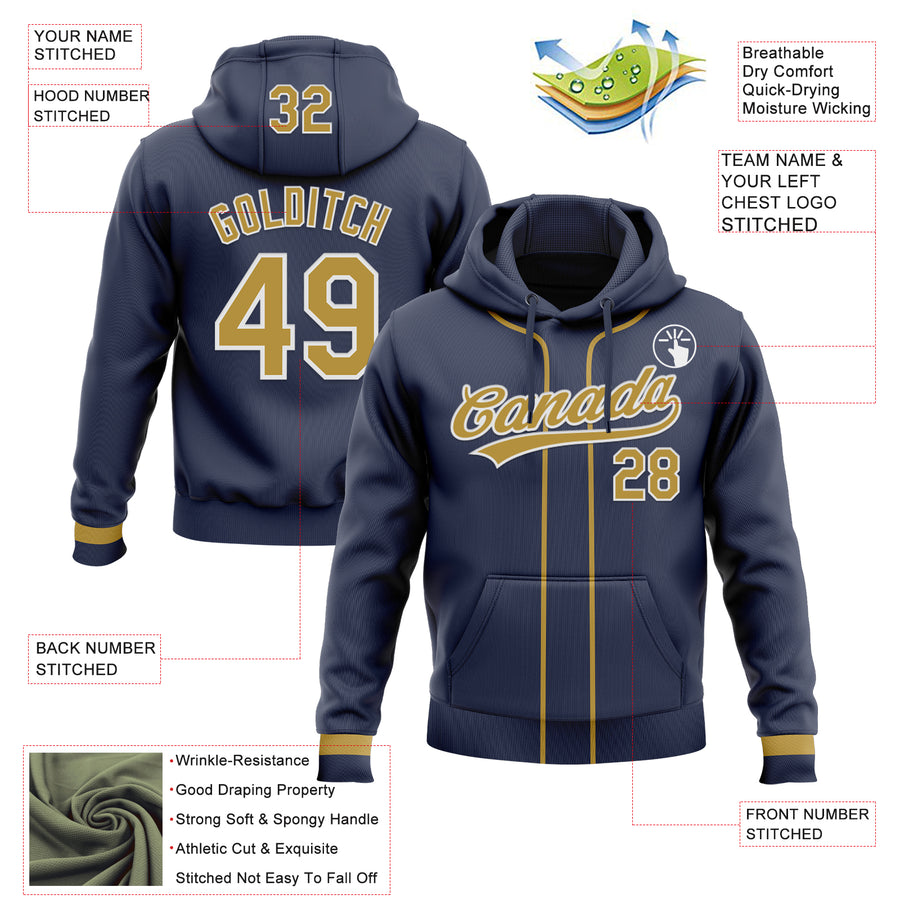 Custom Stitched Navy Old Gold-White Baseball Pullover Sweatshirt Hoodie