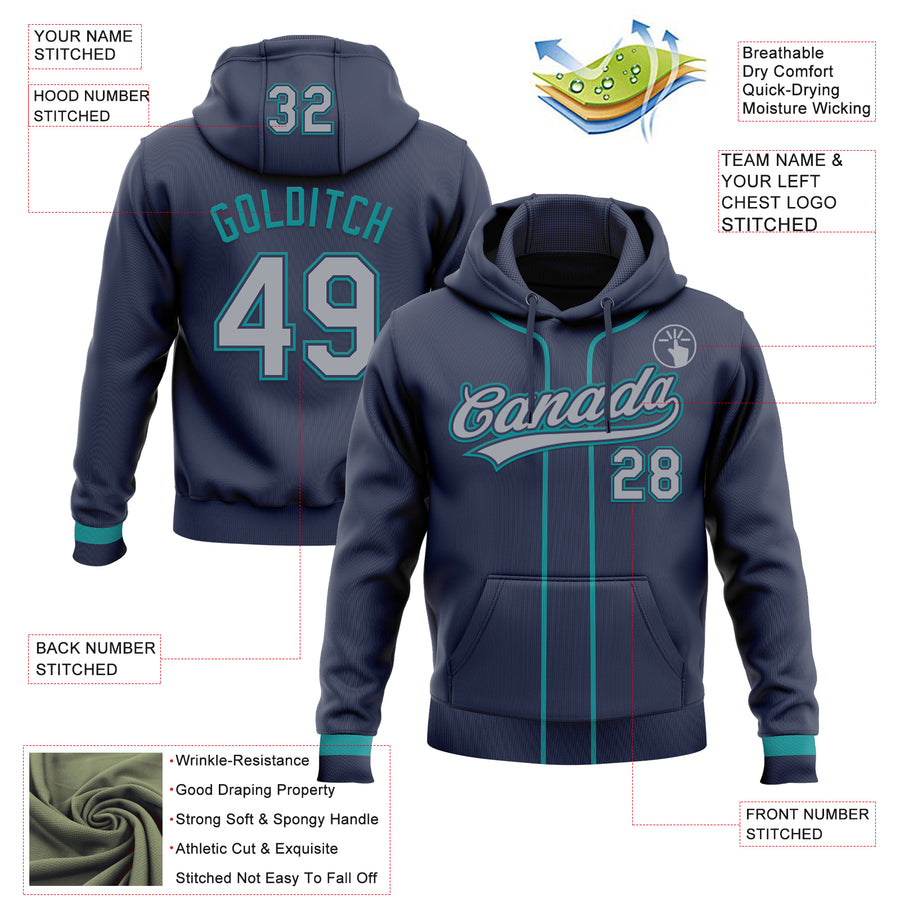 Custom Stitched Navy Gray-Teal Baseball Pullover Sweatshirt Hoodie
