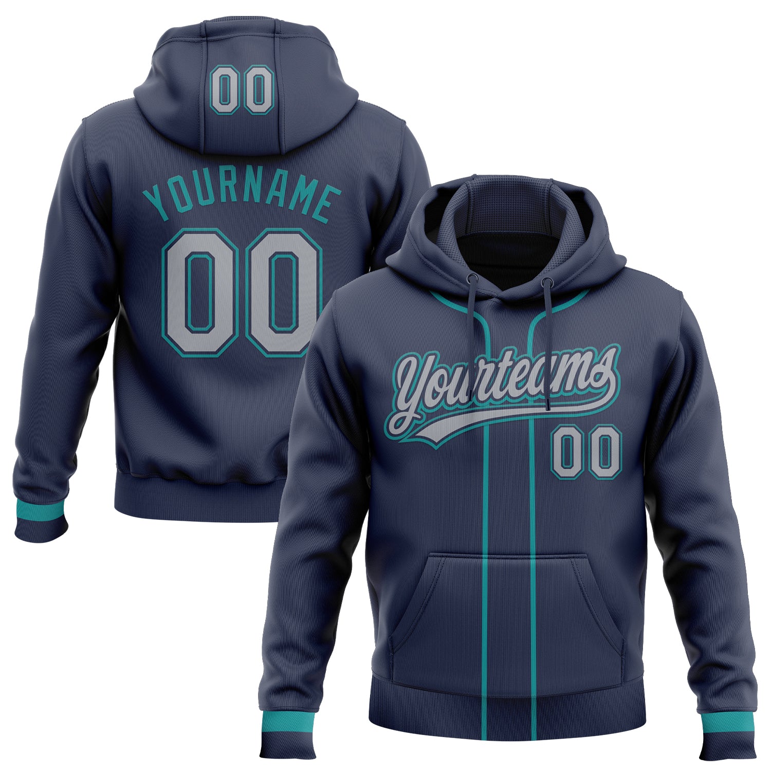 Custom Stitched Navy Gray-Teal Baseball Pullover Sweatshirt Hoodie