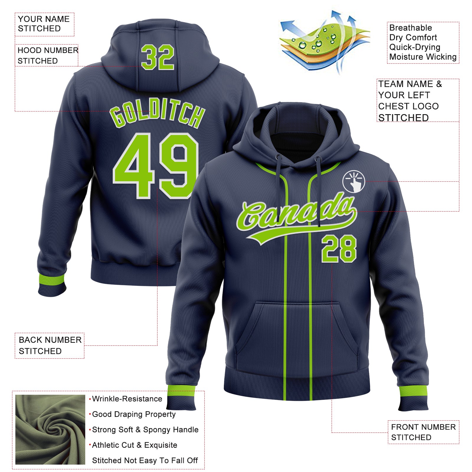 Custom Stitched Navy Neon Green-White Baseball Pullover Sweatshirt Hoodie