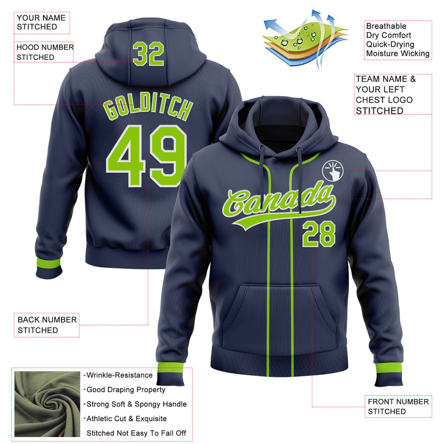 Custom Stitched Navy Neon Green-White Baseball Pullover Sweatshirt Hoodie