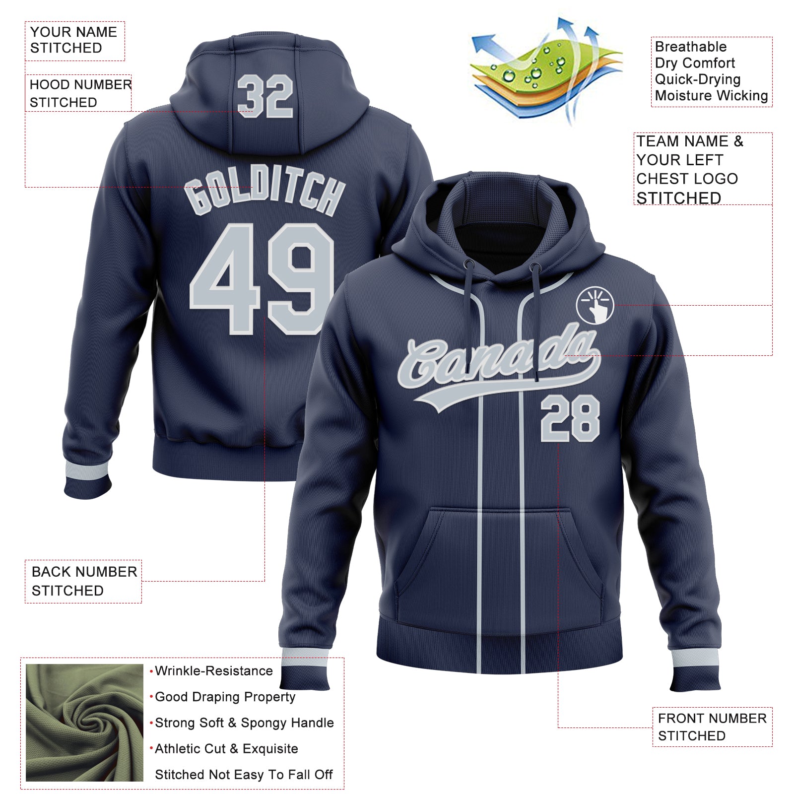 Custom Stitched Navy Silver-White Baseball Pullover Sweatshirt Hoodie