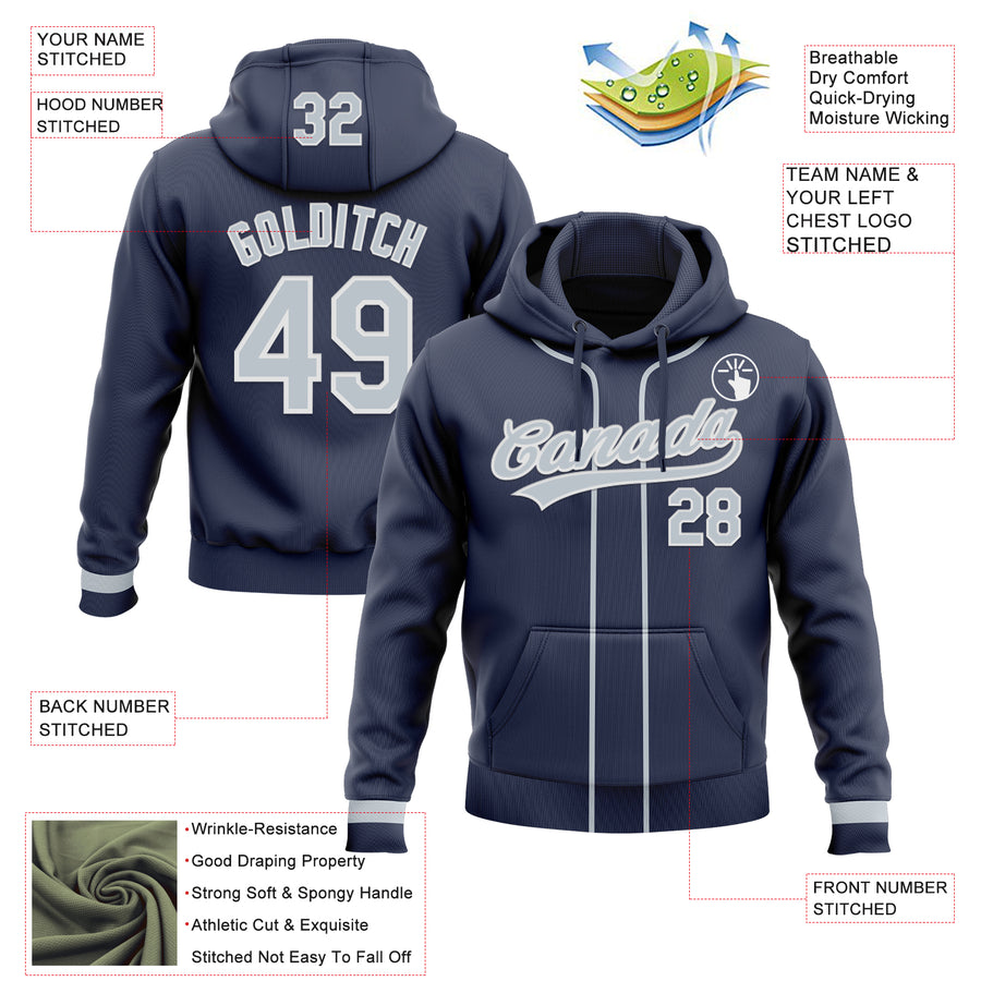 Custom Stitched Navy Silver-White Baseball Pullover Sweatshirt Hoodie