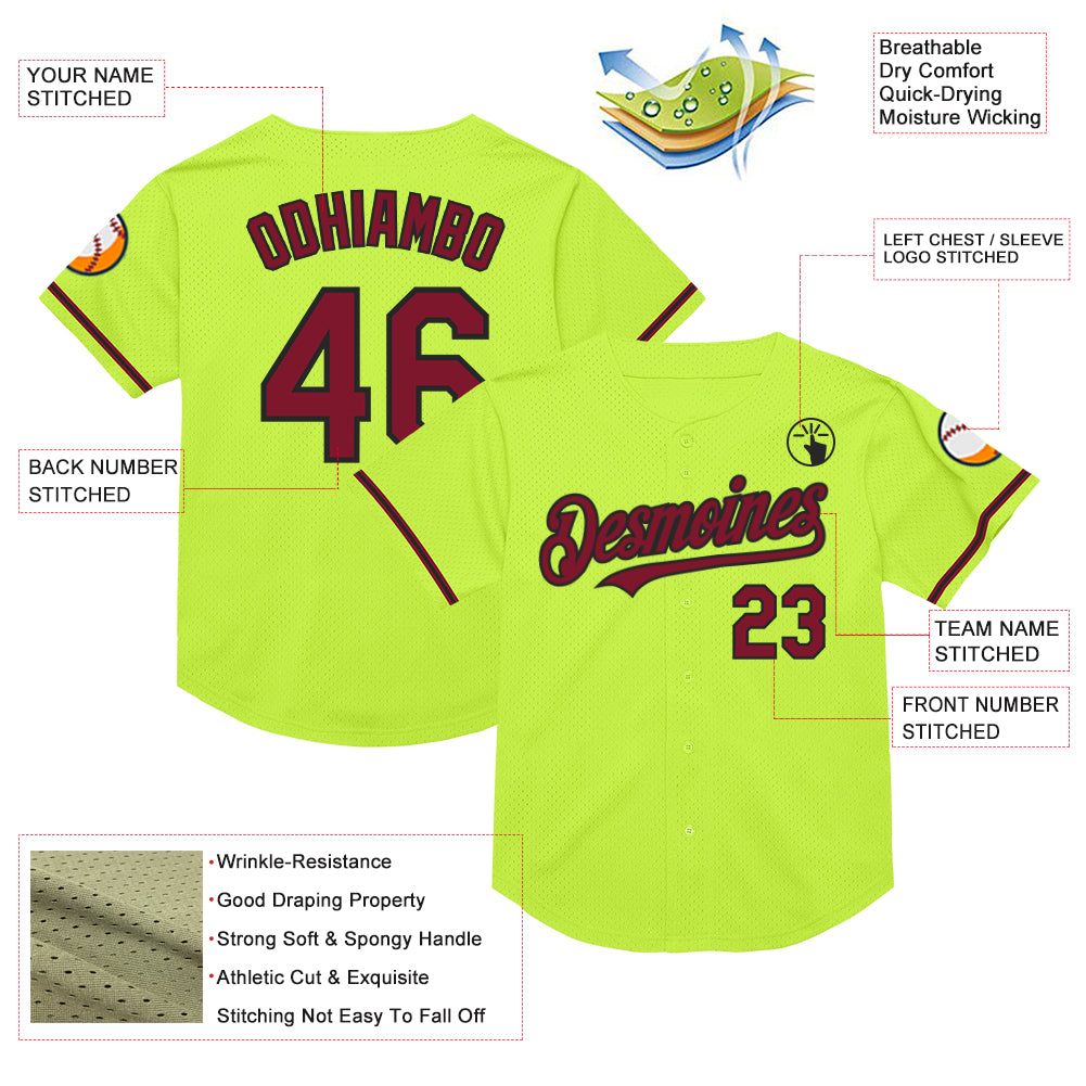 Custom Neon Green Crimson-Black Mesh Authentic Throwback Baseball Jersey
