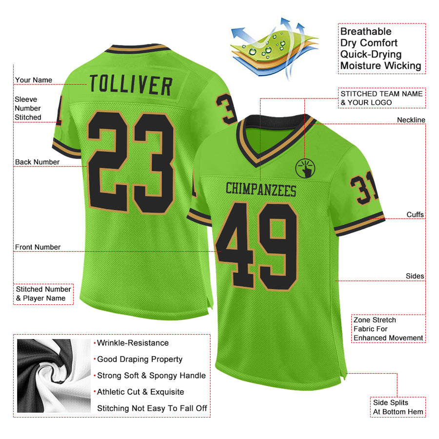 Custom Neon Green Black-Old Gold Mesh Authentic Throwback Football Jersey