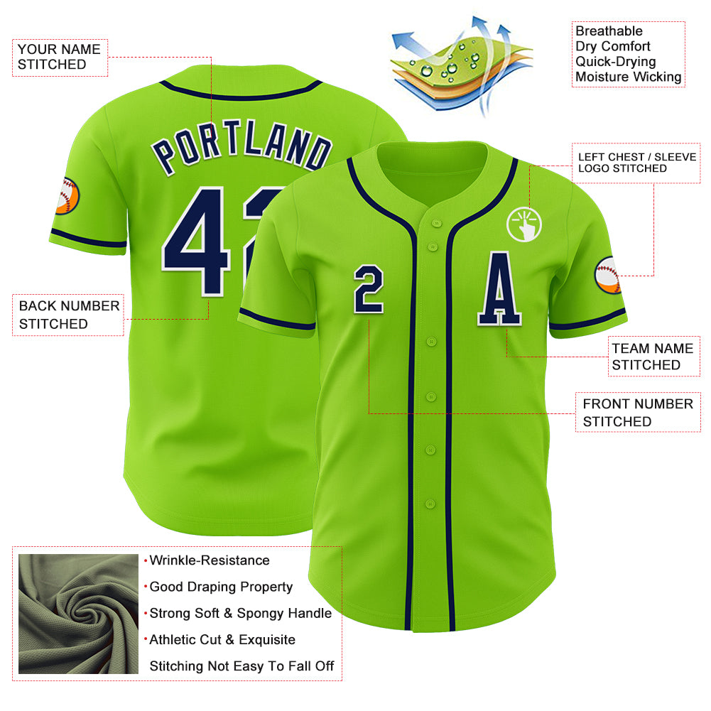 Custom Neon Green Navy-White Authentic Baseball Jersey