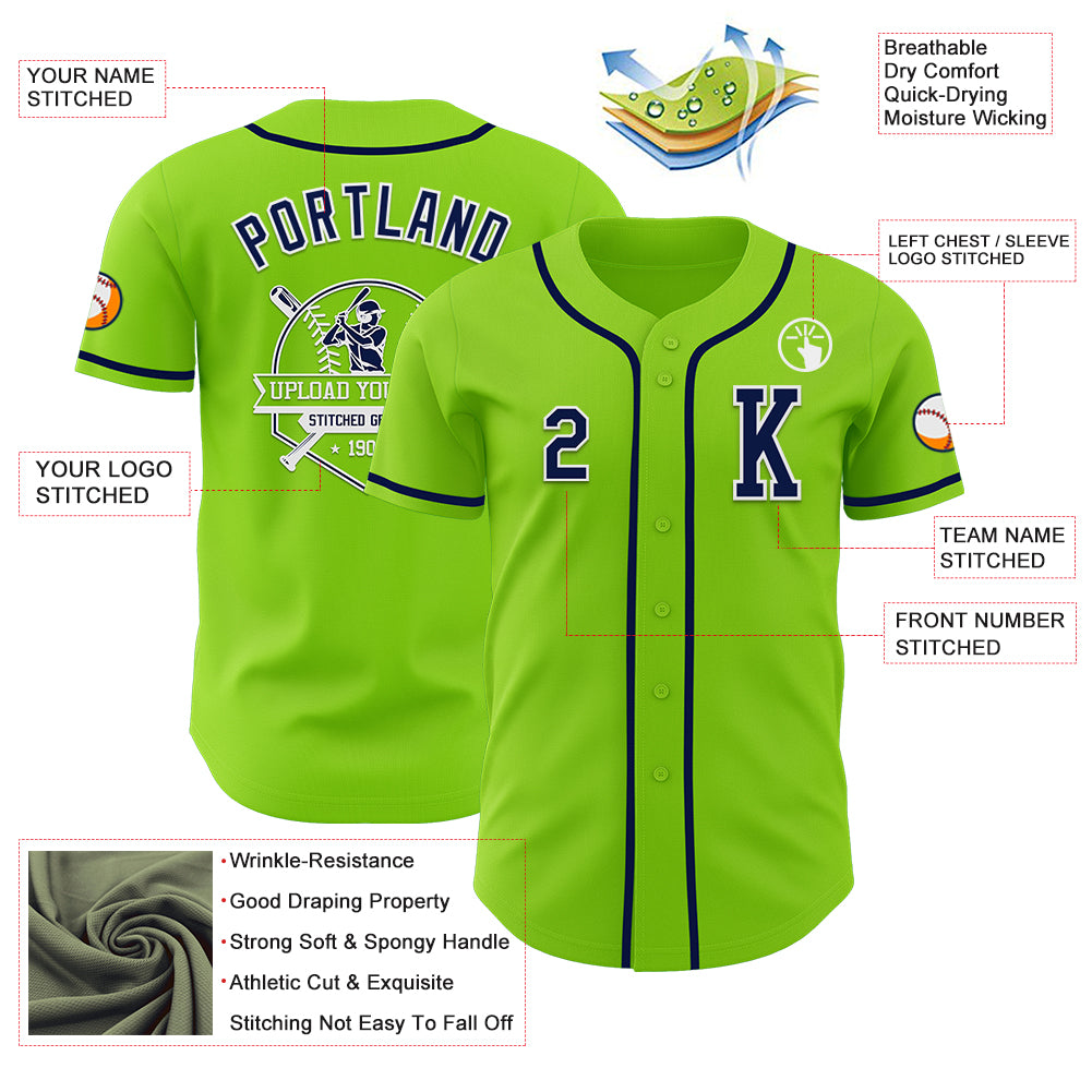 Custom Neon Green Navy-White Authentic Baseball Jersey