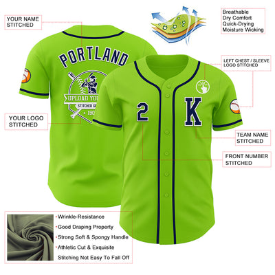 Custom Neon Green Navy-White Authentic Baseball Jersey