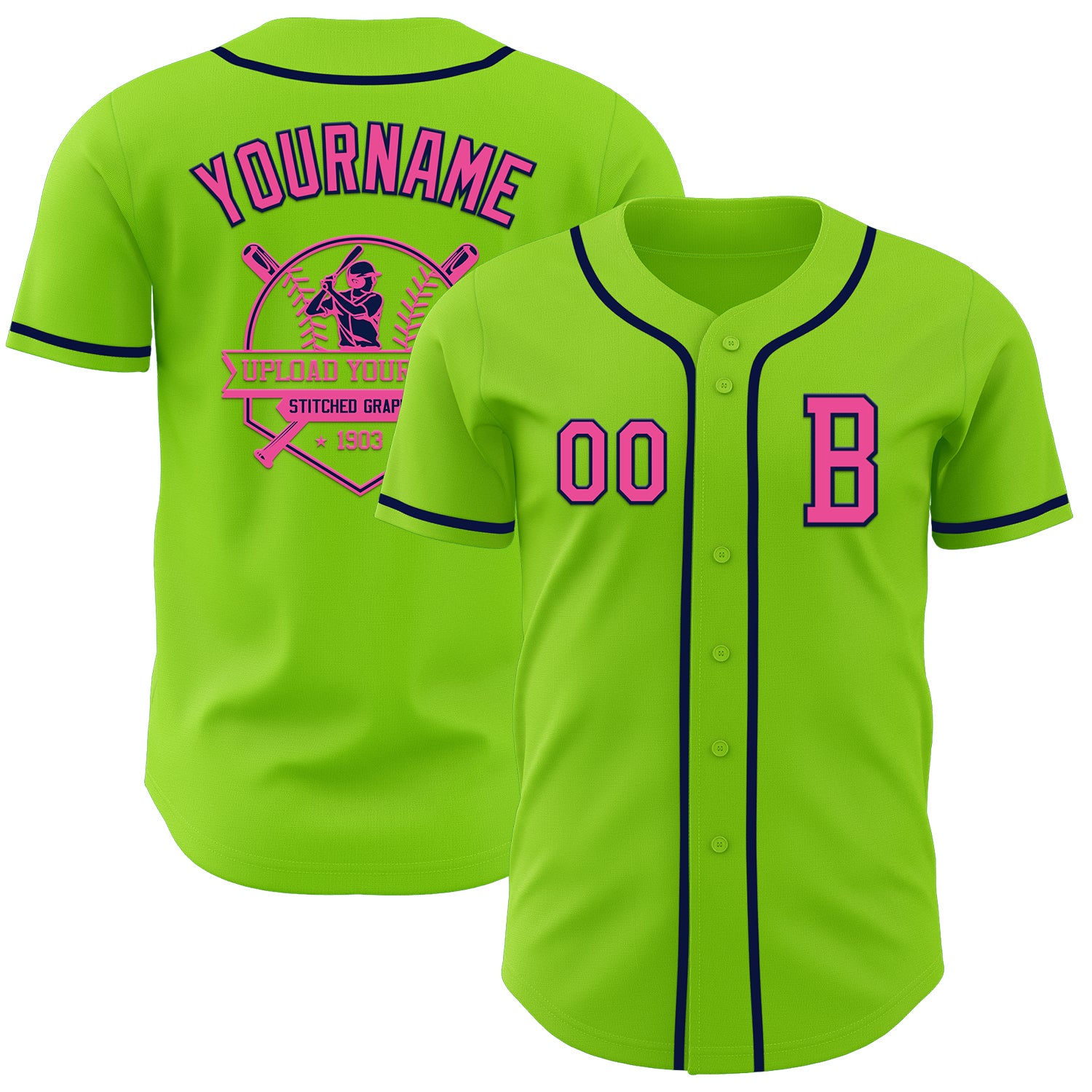 Custom Neon Green Pink-Navy Authentic Baseball Jersey