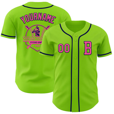 Custom Neon Green Pink-Navy Authentic Baseball Jersey