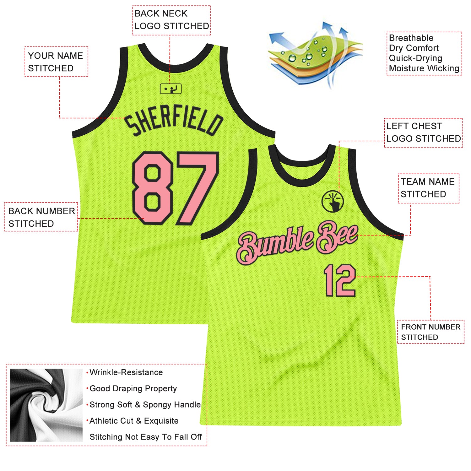 Custom Neon Green Medium Pink-Black Authentic Throwback Basketball Jersey