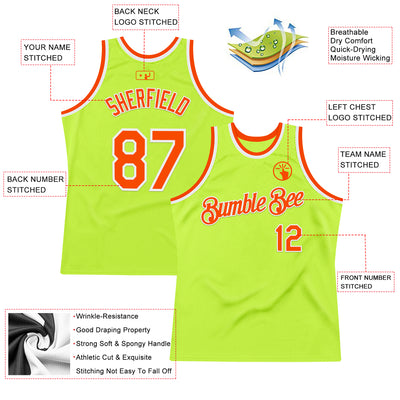 Custom Neon Green Orange-White Authentic Throwback Basketball Jersey
