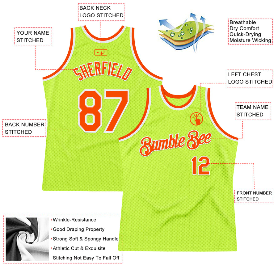 Custom Neon Green Orange-White Authentic Throwback Basketball Jersey