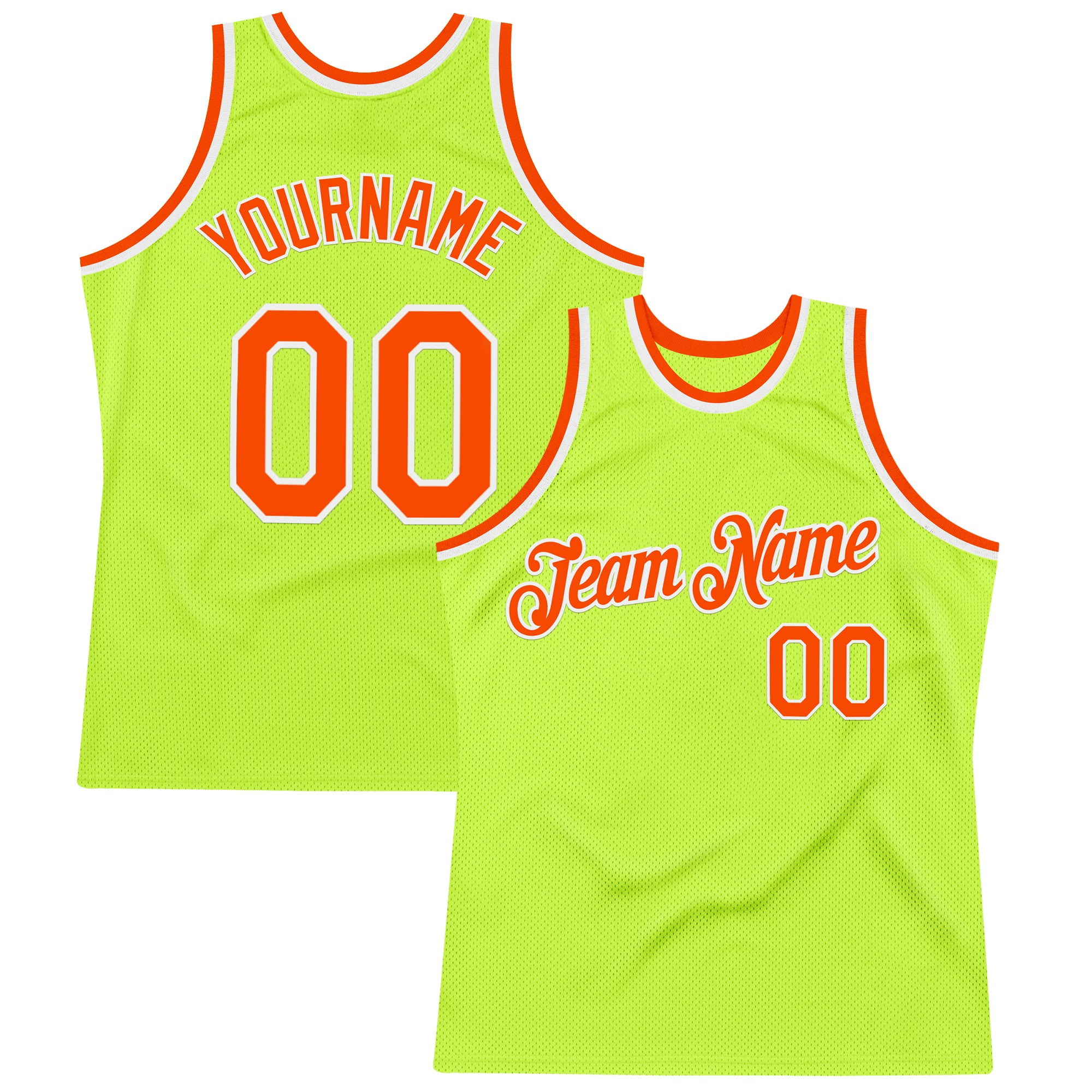 Custom Neon Green Orange-White Authentic Throwback Basketball Jersey