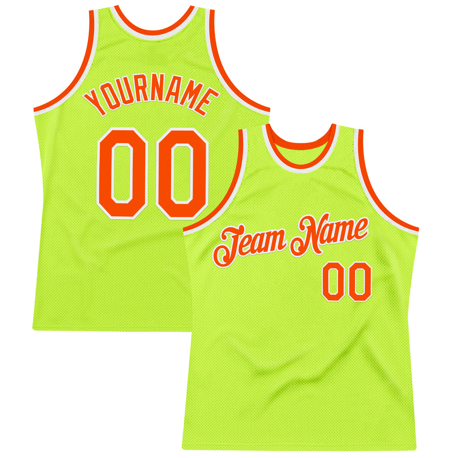 Custom Neon Green Orange-White Authentic Throwback Basketball Jersey