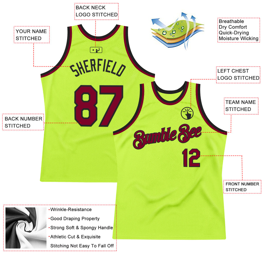 Custom Neon Green Maroon-Black Authentic Throwback Basketball Jersey
