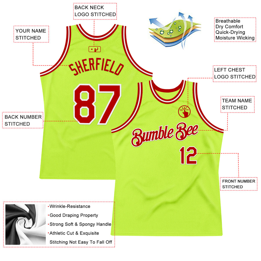 Custom Neon Green Red-White Authentic Throwback Basketball Jersey