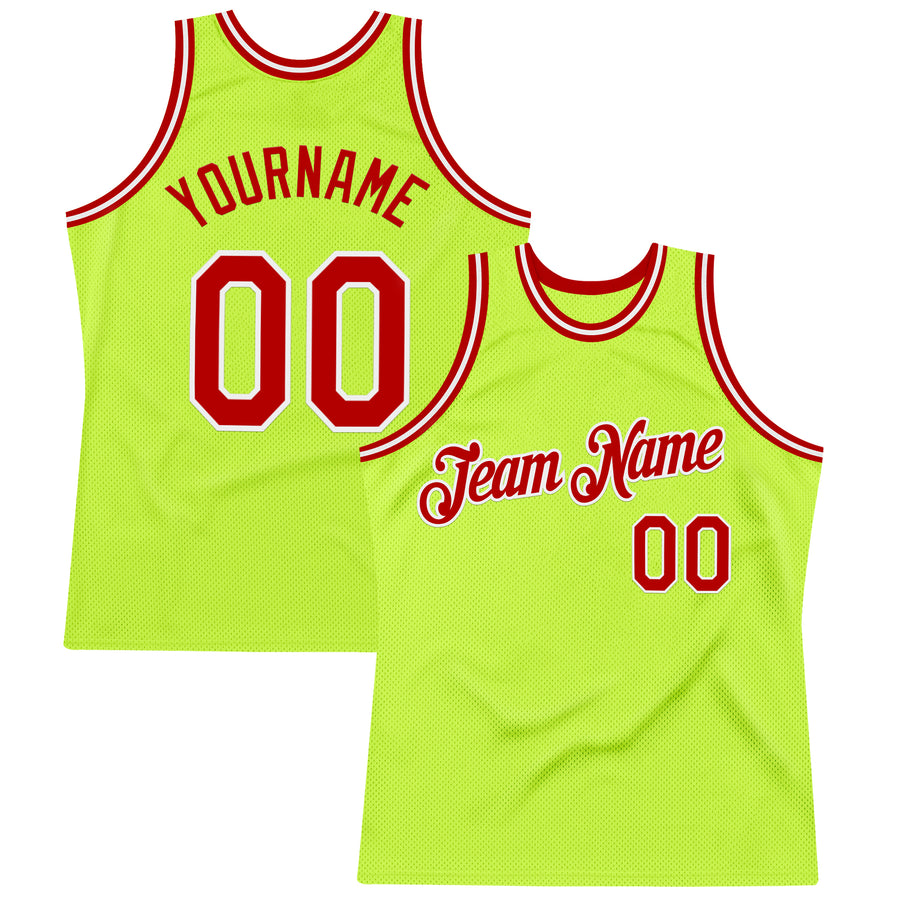 Custom Neon Green Red-White Authentic Throwback Basketball Jersey