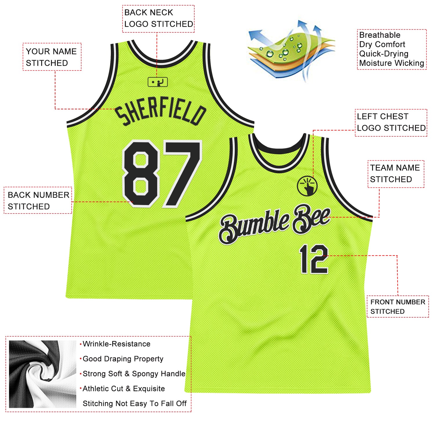 Custom Neon Green Black-White Authentic Throwback Basketball Jersey