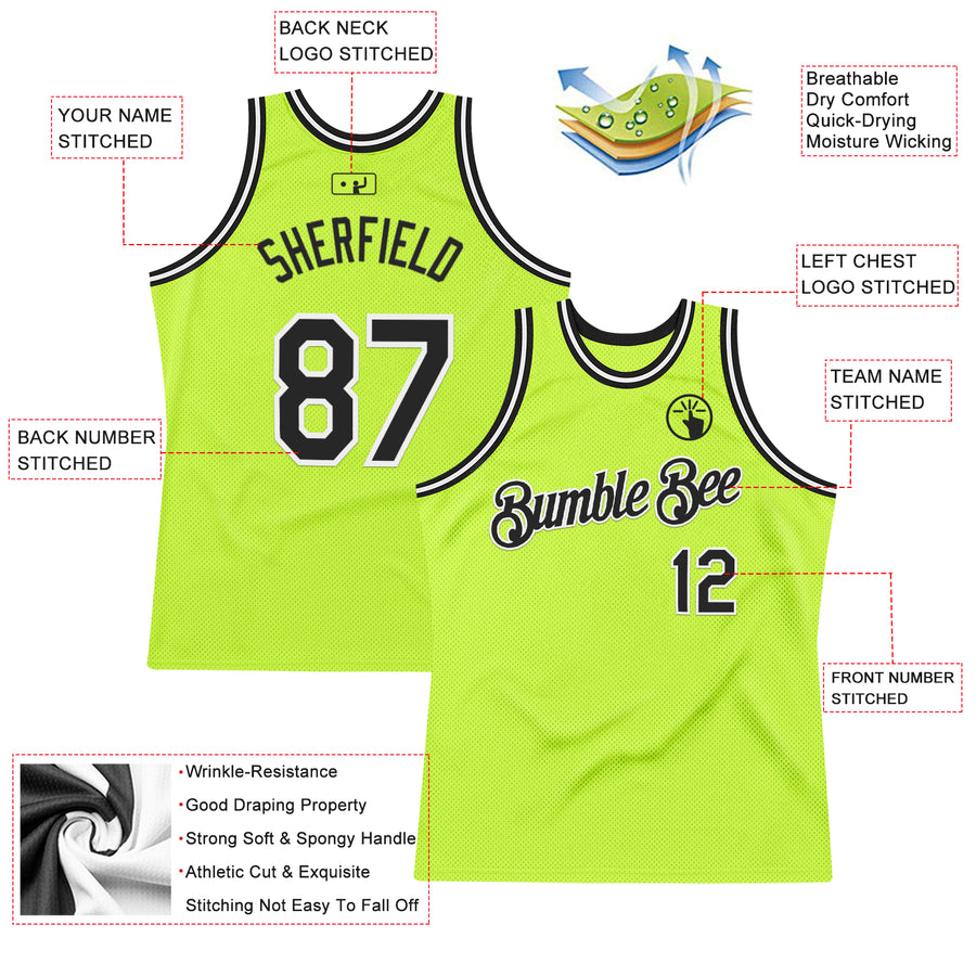 Custom Neon Green Black-White Authentic Throwback Basketball Jersey