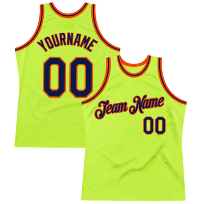 Custom Neon Green Navy-Orange Authentic Throwback Basketball Jersey