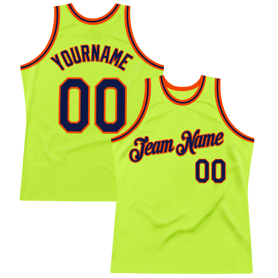 Custom Neon Green Navy-Orange Authentic Throwback Basketball Jersey