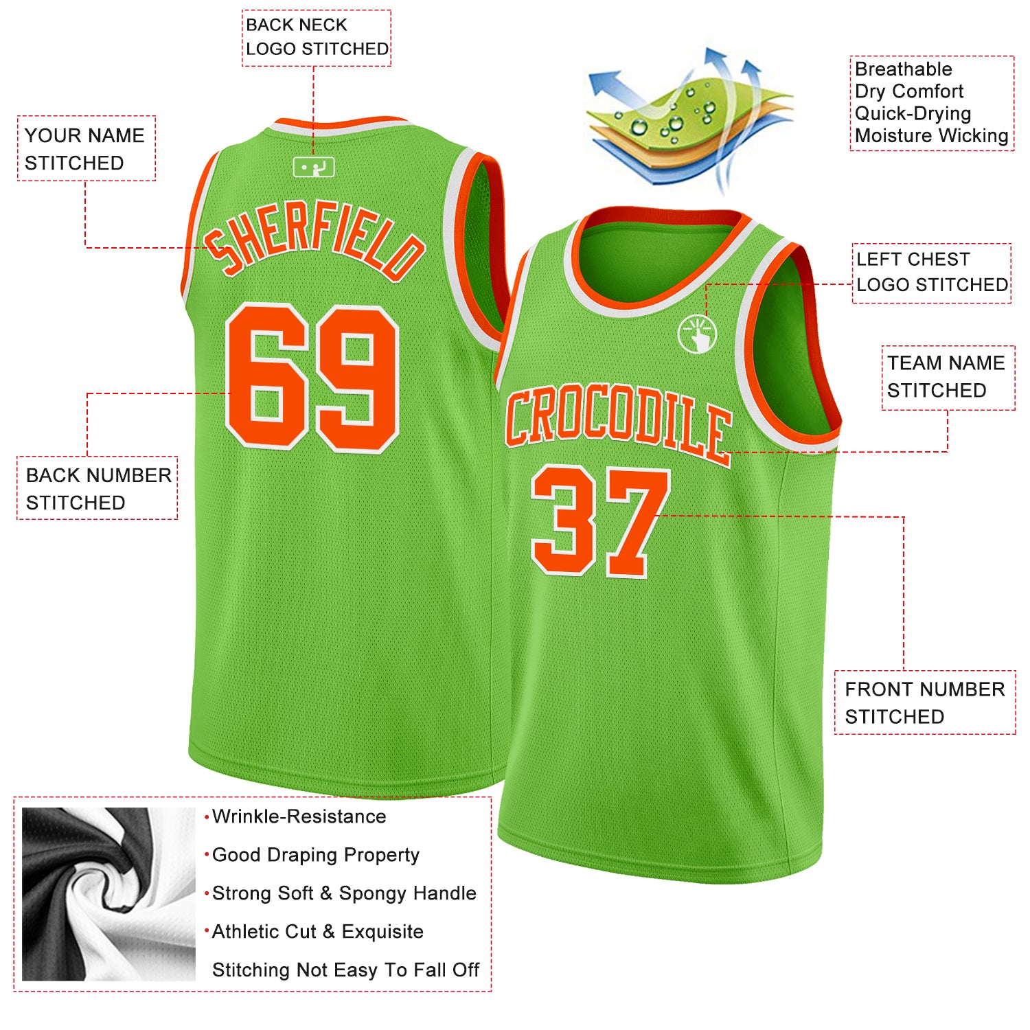 Custom Neon Green Orange-White Authentic Basketball Jersey