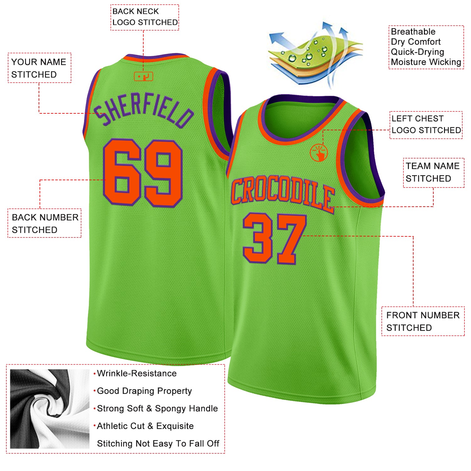 Custom Neon Green Orange-Purple Authentic Basketball Jersey