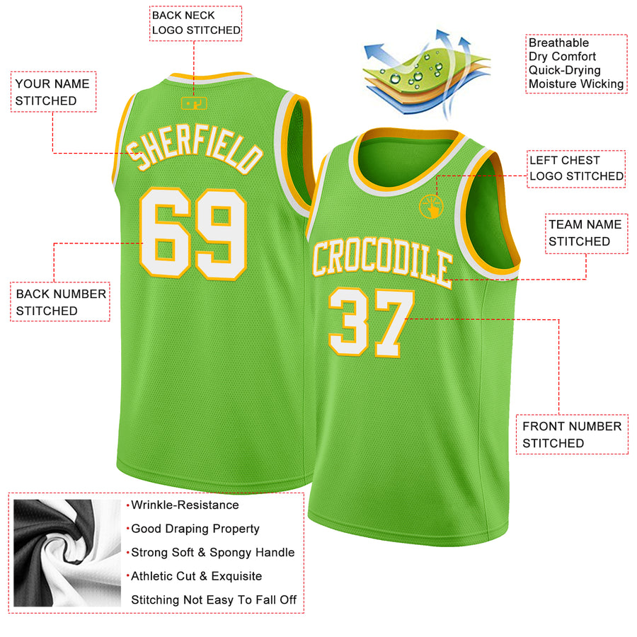 Custom Neon Green White-Gold Authentic Basketball Jersey