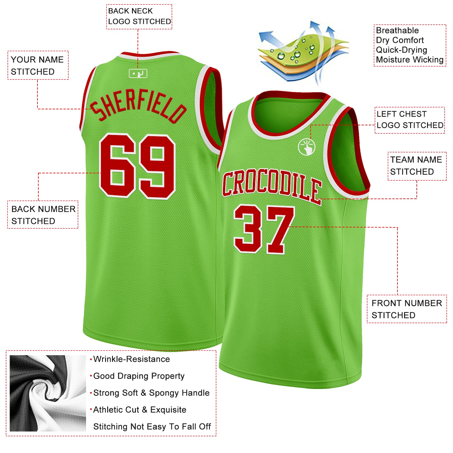 Custom Neon Green Red-White Authentic Basketball Jersey