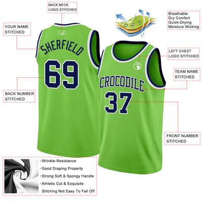 Custom Neon Green Navy-White Authentic Basketball Jersey