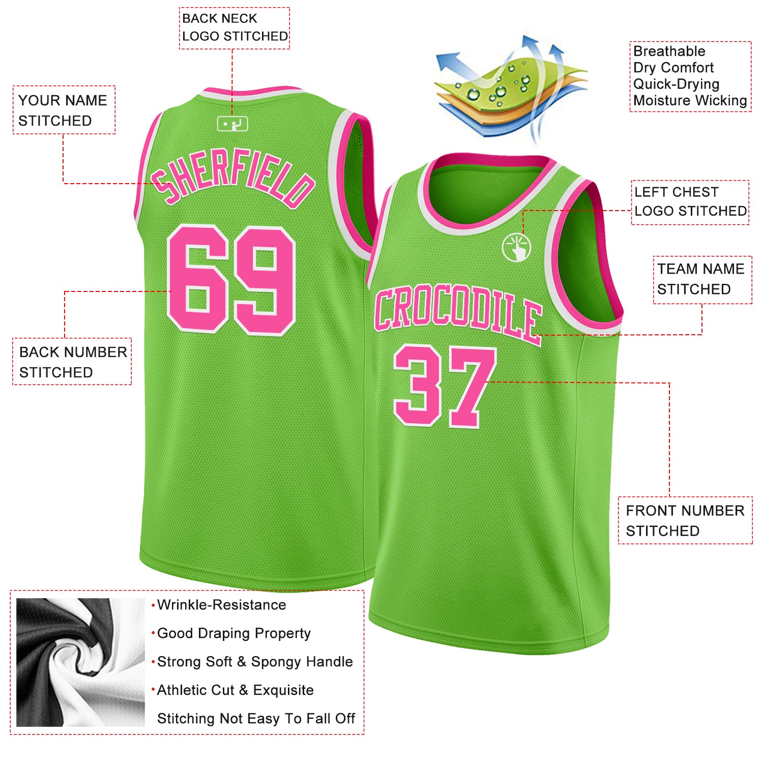 Custom Neon Green Pink-White Authentic Basketball Jersey