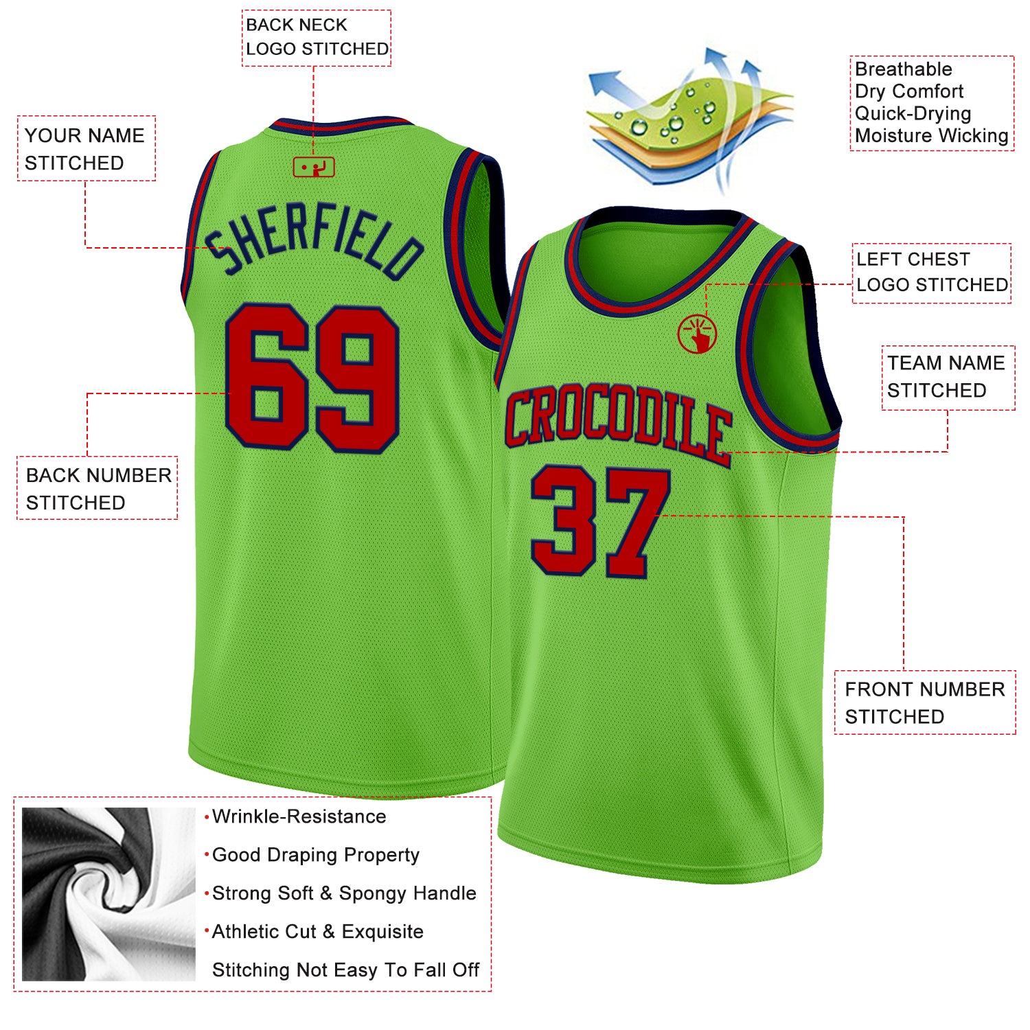 Custom Neon Green Red-Navy Authentic Basketball Jersey