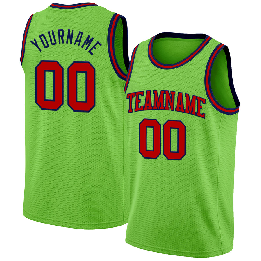 Custom Neon Green Red-Navy Authentic Basketball Jersey
