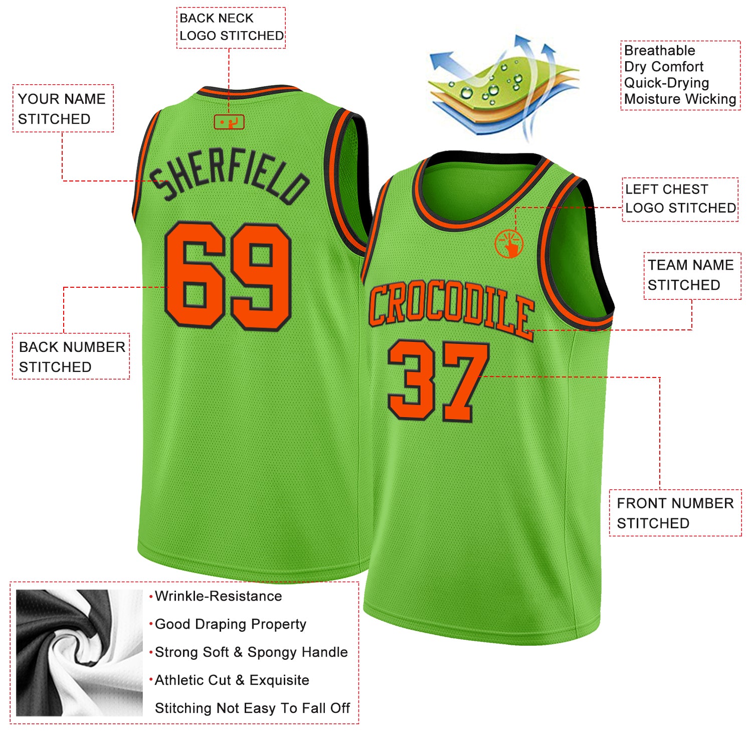Custom Neon Green Orange-Black Authentic Basketball Jersey