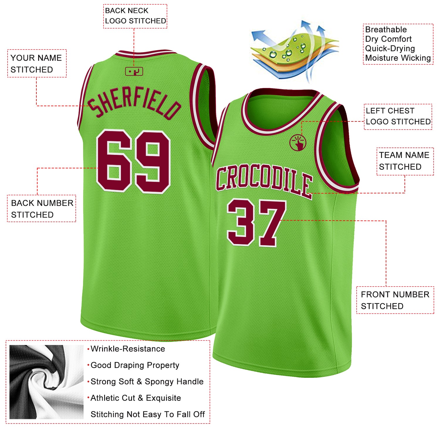 Custom Neon Green Maroon-White Authentic Basketball Jersey