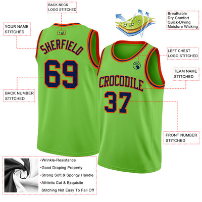 Custom Neon Green Navy-Orange Authentic Basketball Jersey
