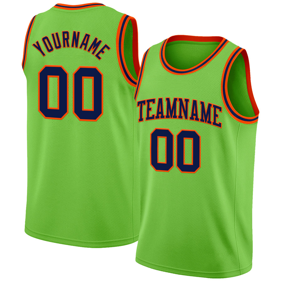 Custom Neon Green Navy-Orange Authentic Basketball Jersey