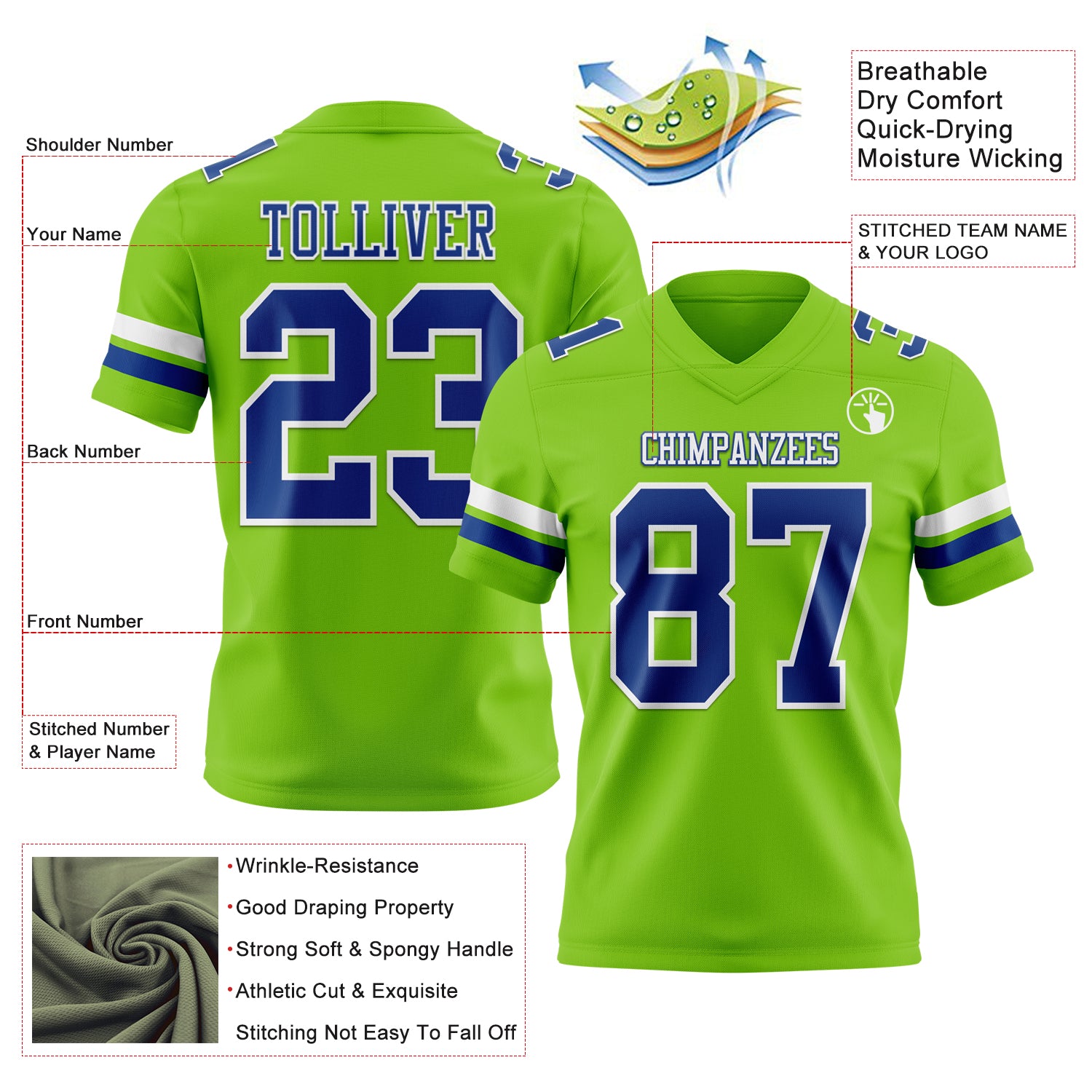 Custom Neon Green Royal-White Authentic Football Jersey