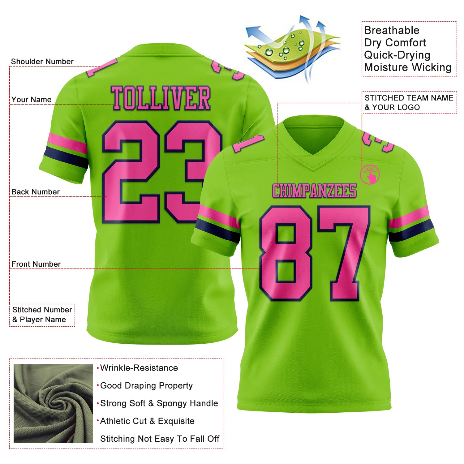 Custom Neon Green Pink-Navy Authentic Football Jersey