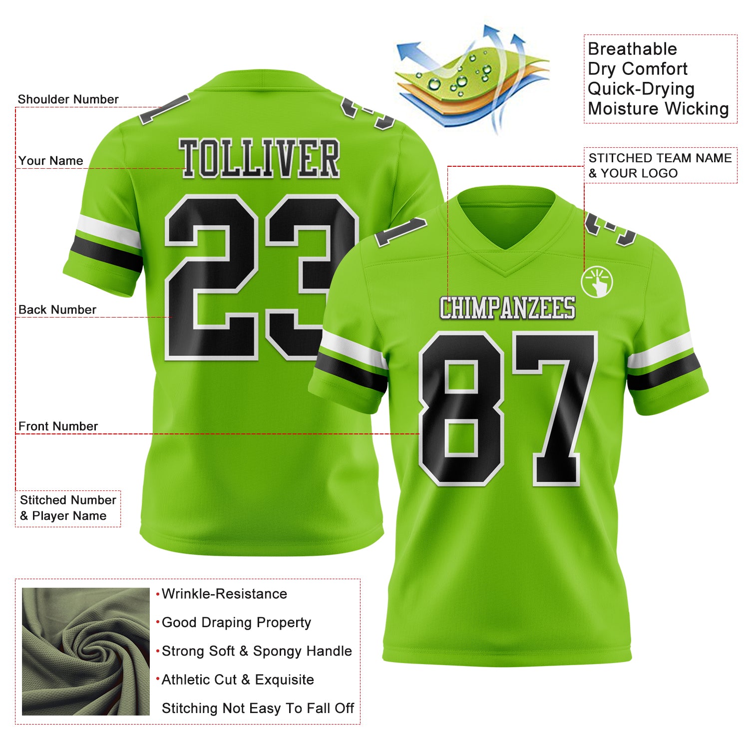 Custom Neon Green Black-White Authentic Football Jersey