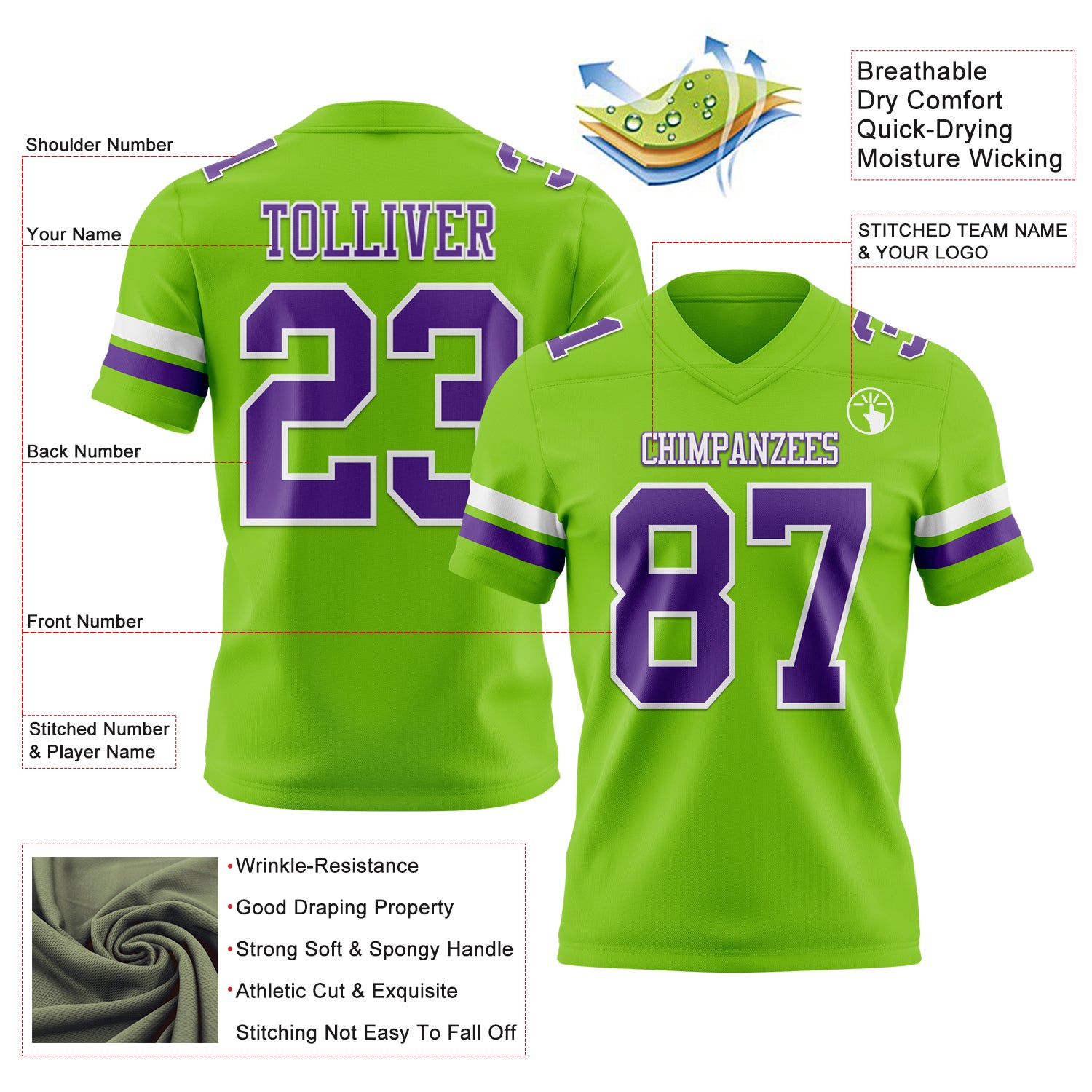 Custom Neon Green Purple-White Authentic Football Jersey